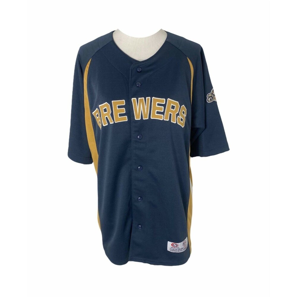True Fan Men’s Jersey Shirt Blue MLB Milwaukee Brewers Button Size Medium